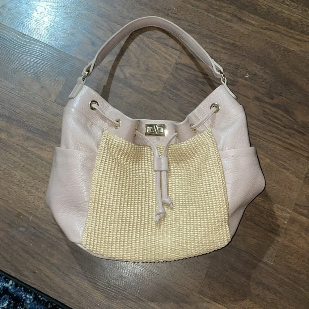 Unica Firenze Made In Italy Leather Raffia Panels Bucket Hobo Bag